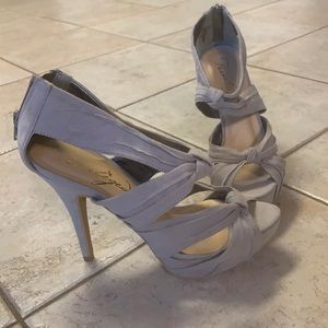Suede gray open toe pumps w/ zipper back 5” heel